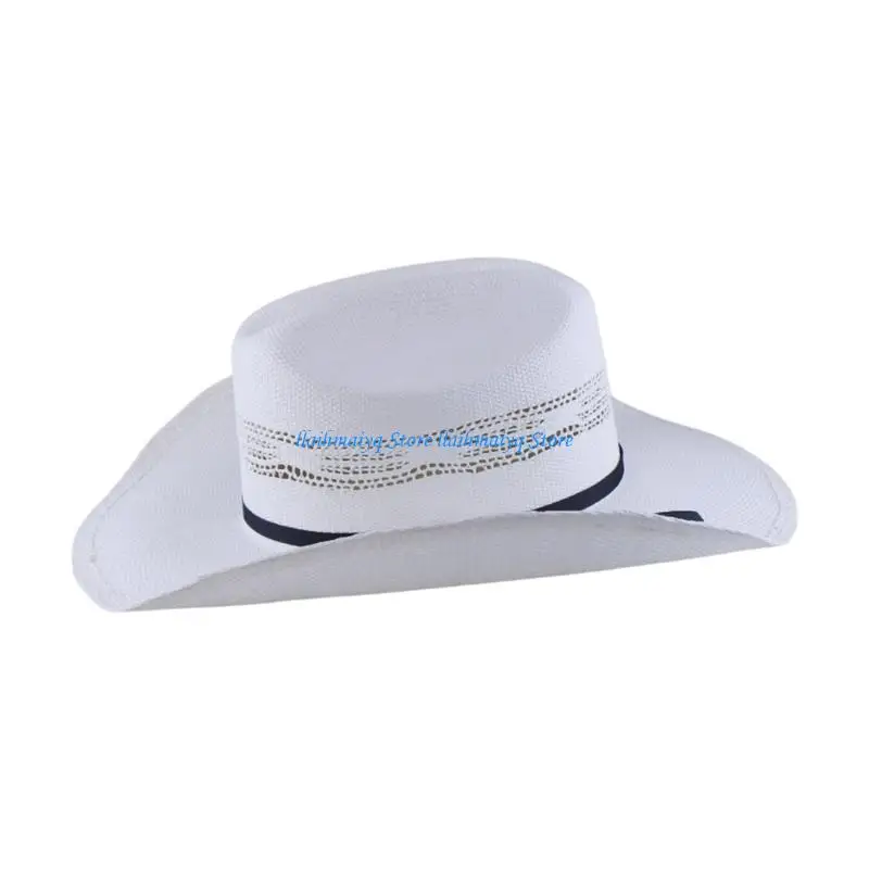 573B Unisex Roll Brims Straw Hat Hollowout Panama Hat for Women Men Daily Vacation