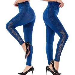 Leggings in pizzo trasparente vita alta imitazione Denim Legging donna Jeggings elastici stampa pantaloni Casual pantaloni a matita