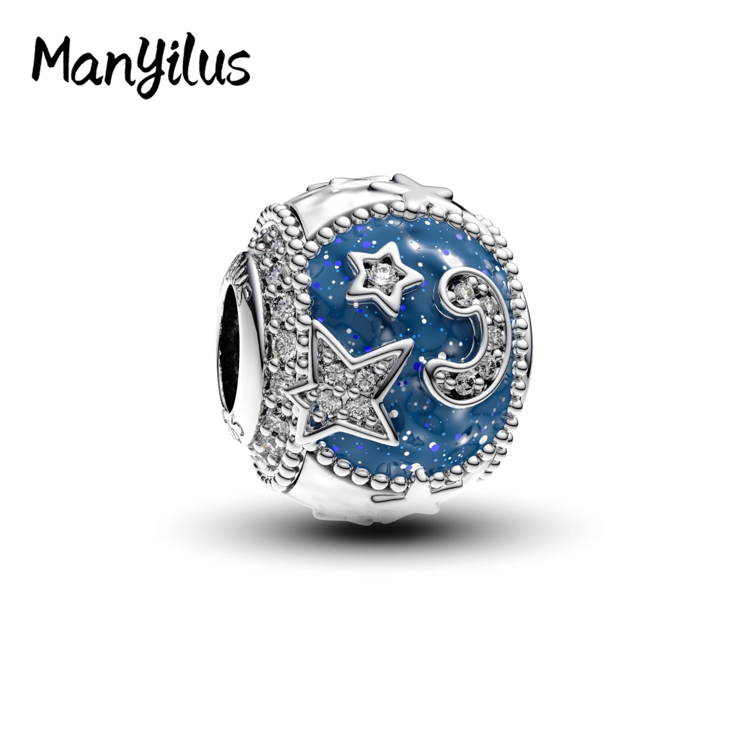 

925 Sterling Silver Night Sky Charm,Blue Enamel Clear CZ Pave,Fit Original Bracelet & Necklace Celestial Jewelry