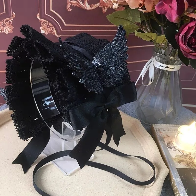 로리타 메이드 머리 장식 고딕 다크 엔젤 윙 레이스 활 머리띠, 스위트 코스프레 헤드 랩, 애니메이션 헤어 액세서리