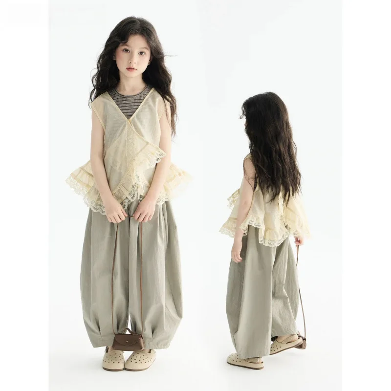 Children's clothing, girls' vest set, new summer style with stripes and irregular design, featuring a loose-fitting, drawstring