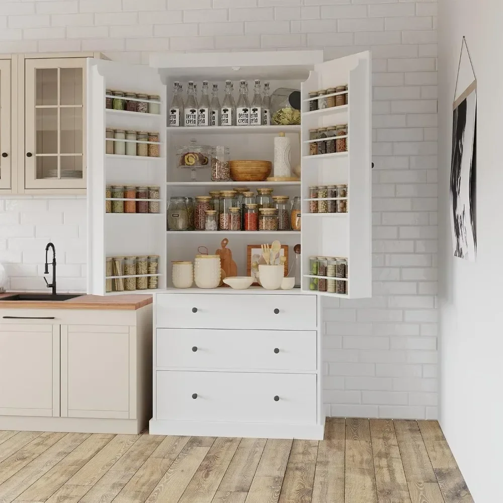 

77Inch High Farmhouse Kitchen Pantry, with 3 Adjustable Shelves, 8 Door Shelves, 3 Drawers for Kitchen, Dining Room