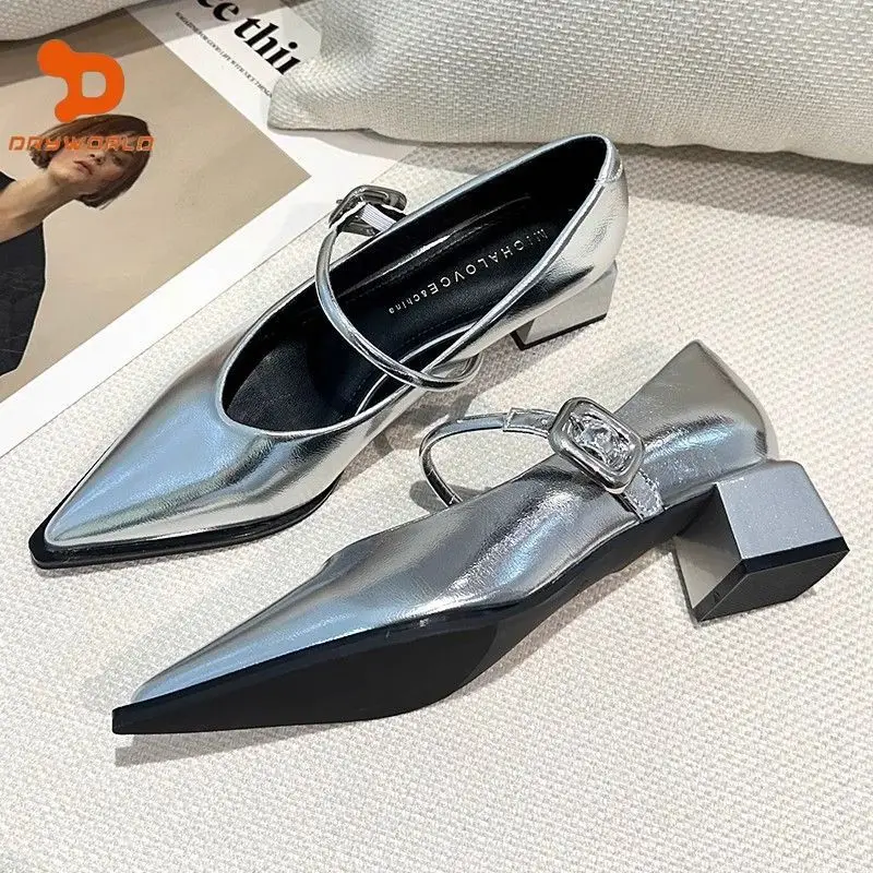 

Fashion Silver Mary Jane Single Shoes Women's Coarse Heel 2025 New Autumn/Winter French Pointed Shallow Mouth High Heels