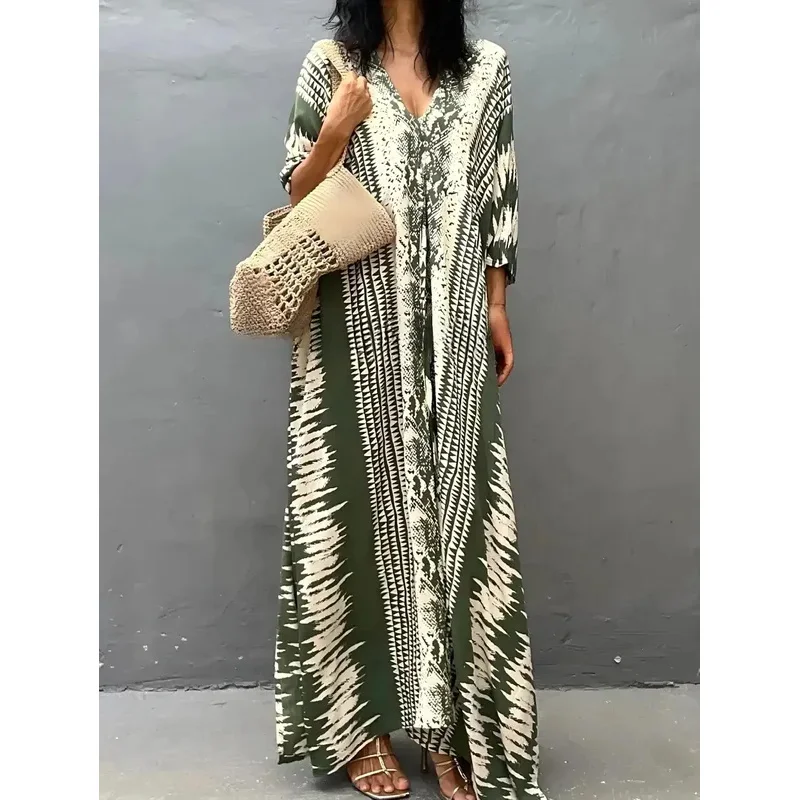 Beach Dresses Tie Dye Printed Kaftans for Women Drawstring Swimsuit Cover Ups Summer Vacation Bathing Suits Factory Supply