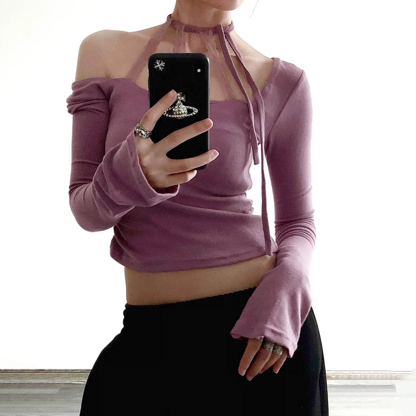 SUCHCUTE  Elegant Women Y2K Lace Halter Long Sleeve Top Slim Fit Cropped Cami Tee Knit Casual Streetwear T-Shirt Fall Outfit New