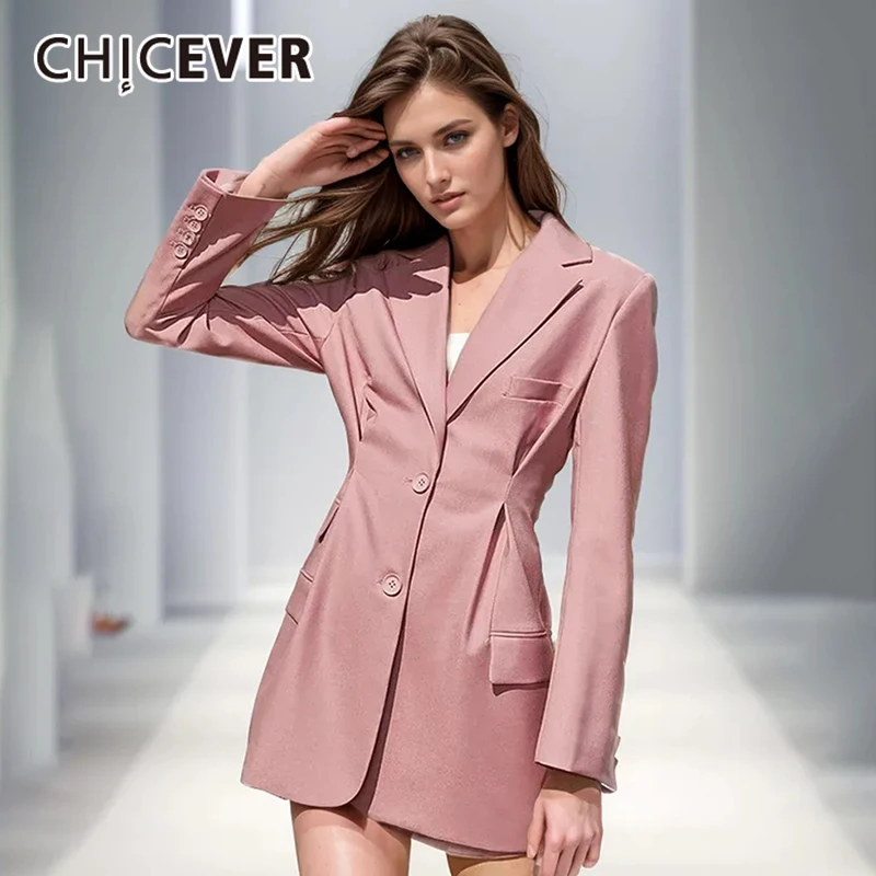 

CHICEVER Spliced Pocket tunic Dresses For Women Lapel Long Sleeves Single Breasted Minimalist Mini Dress Female Fashion Style