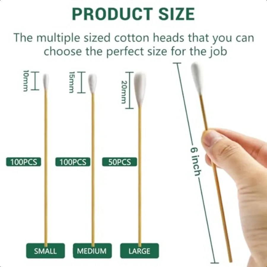 مجموعة متنوعة من مسحات القطن الطويلة مع 3 أطراف مختلفة، رؤوس قطنية صغيرة ومتوسطة وكبيرة على 6 عصا من الخيزران مثالية للمك