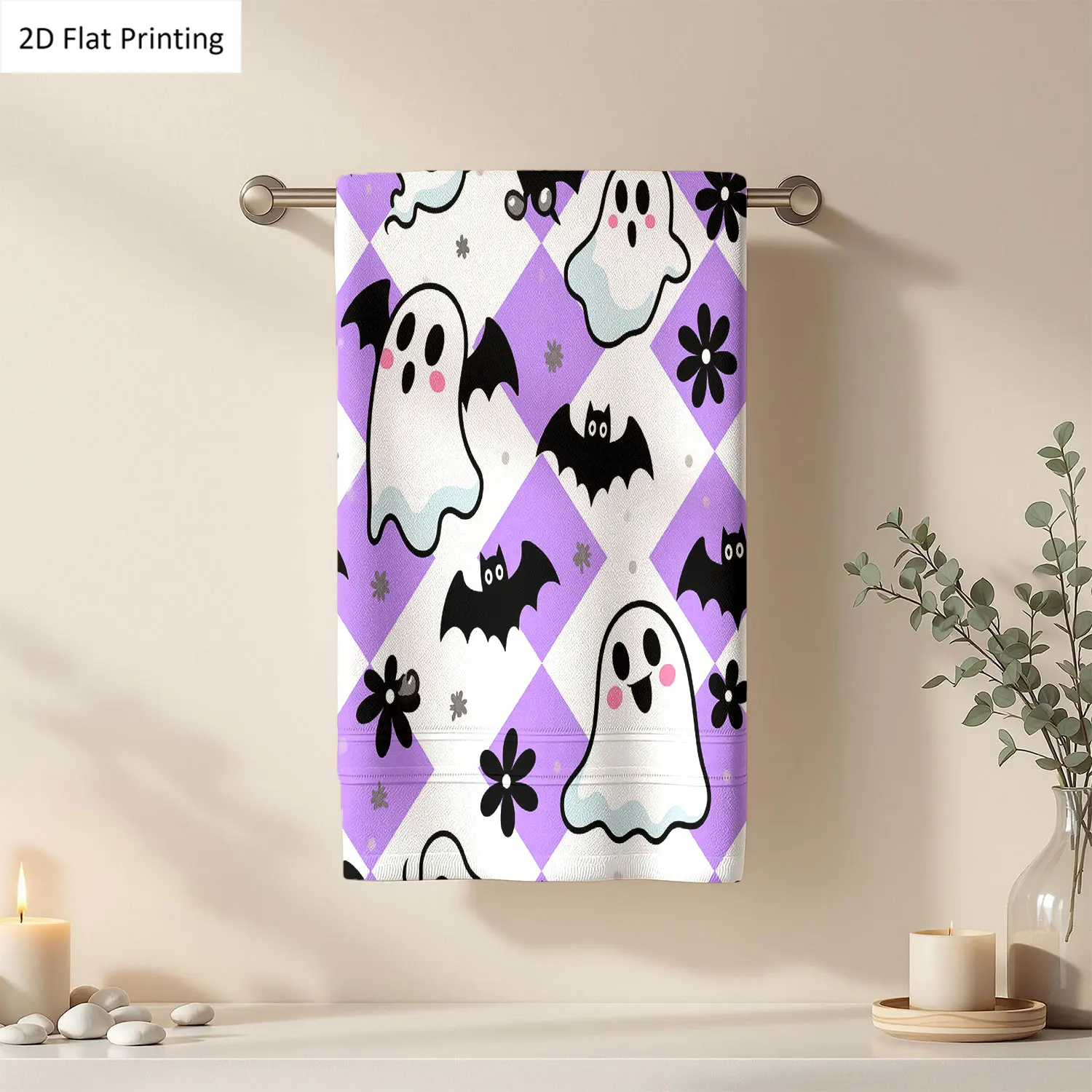 

1Pc Halloween Ghosts Bats Flowers Purple Pattern Bathroom Hand Towel Bath Towel, Multiple Size Microfiber Polyester Towel, Unique Home Decorative Kitchen Towels, Festival Bathroom Accessories Decor, Quick Dry and Absorbent
