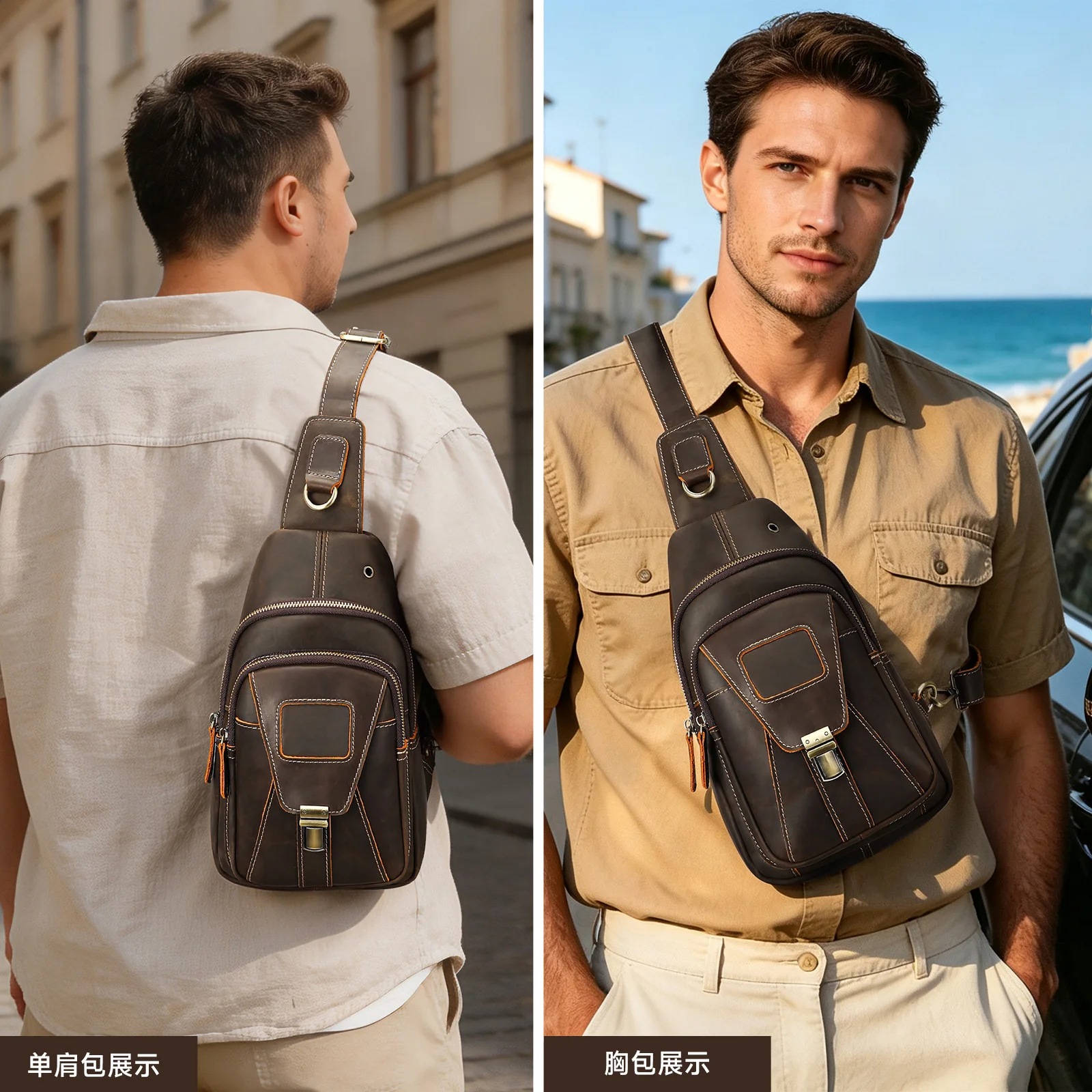 Retro Waxed Crazy Horse Leather Chest Bag for Men, Vintage Genuine Cowhide Crossbody Sling Motorcycle Daypack