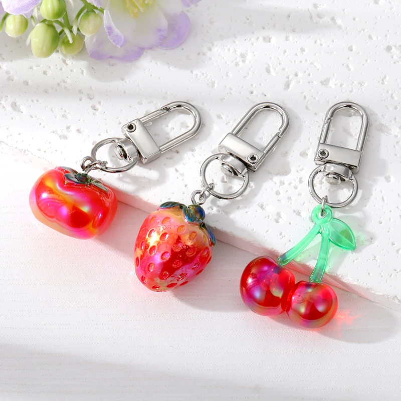 1PC Strawberry Cherry Fruit Keychain Keyring For Women Simulated Bling Color Persimmon Bag Car Key Holder Airpods Box Jewelry