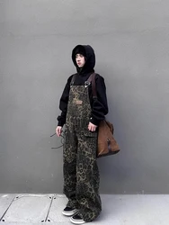 Monos con estampado de leopardo Retro americano para mujer, mono holgado versátil, informal, diseño de canguro, ropa de calle de pierna ancha