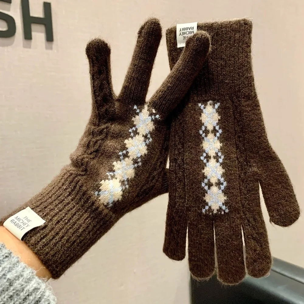 Stylish Acrylic One Tip Touch Screen Gloves Diamond Cable Cold Proof Long Winter Knitted Gloves Cycling Gloves Outdoor Sports