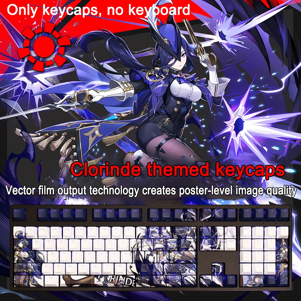 108 Keys genshin impact keycap clorinde keycaps PBT Dye ซับเบดเชอร์รีแบ็คไลท์คีย์อนิเมะสำหรับ ANSI 61 87 104รูปแบบ108