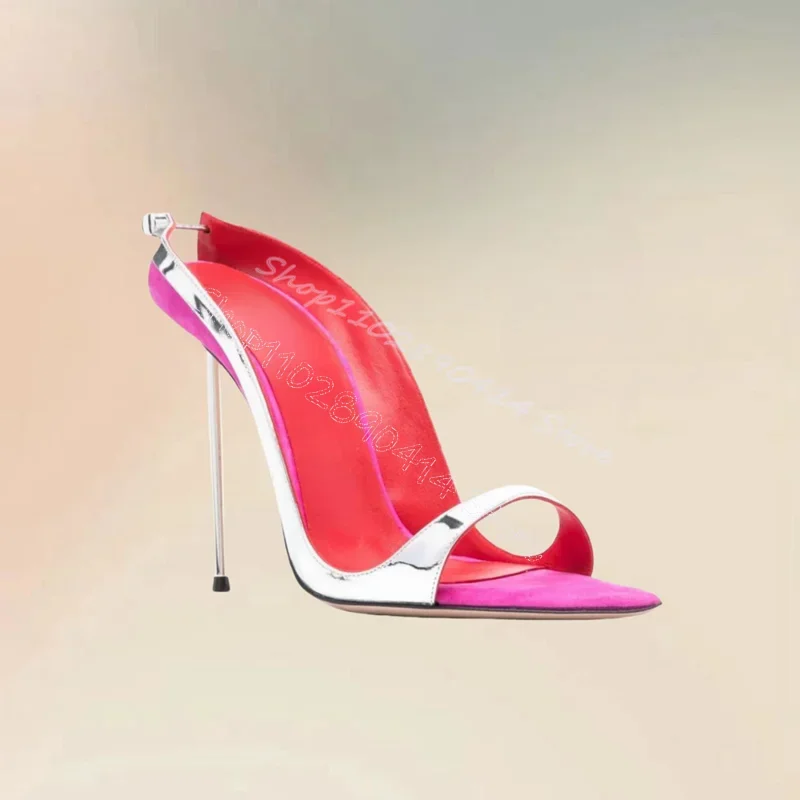 

Silver Buckle Decor Metal Heel Open Toe Slippers Slip On Women Shoes Thin High Heels Sexy Party Runway 2024 Zapatos Para Mujere