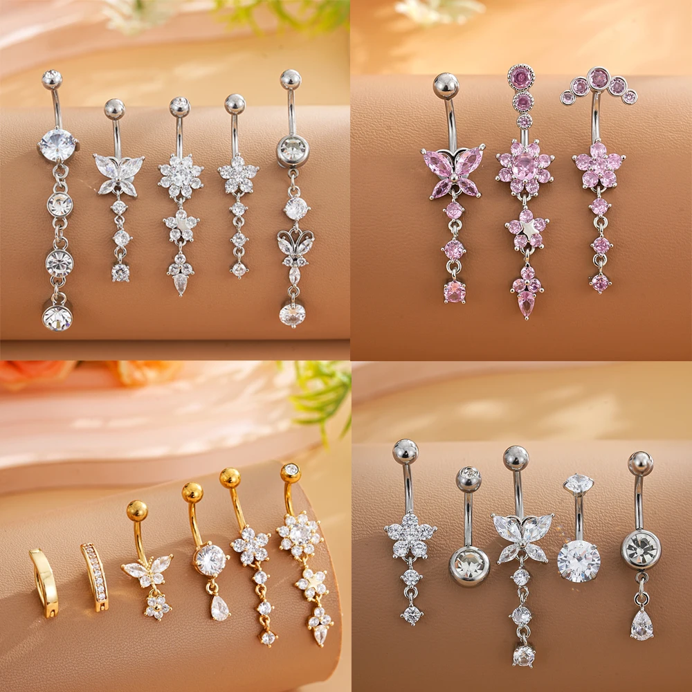 3-8pcs/lot Mixed-Style Belly Button Ring Sets Long Dangled Curved Navel Piercing Nombril Ombligo Women 14G Butterfly Belly Rings