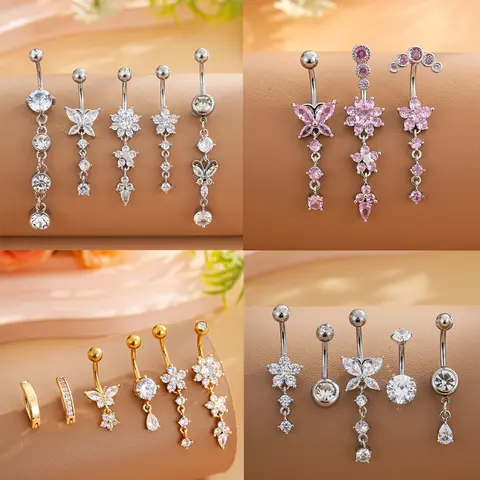 3-8pcs/lot Mixed-Style Belly Button Ring Sets Long Dangled Curved Navel Piercing Nombril Ombligo Women 14G Butterfly Belly Rings