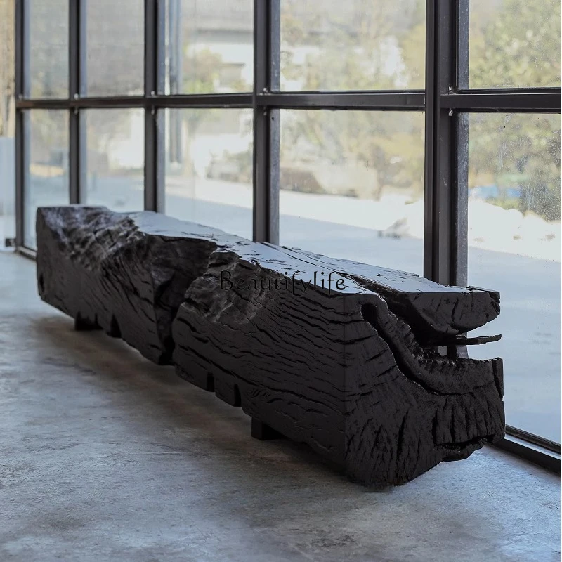 

-Wabi Sabi Wind Log Bench Charcoal Wood Black Outdoor Bench Shoe Changing Stool