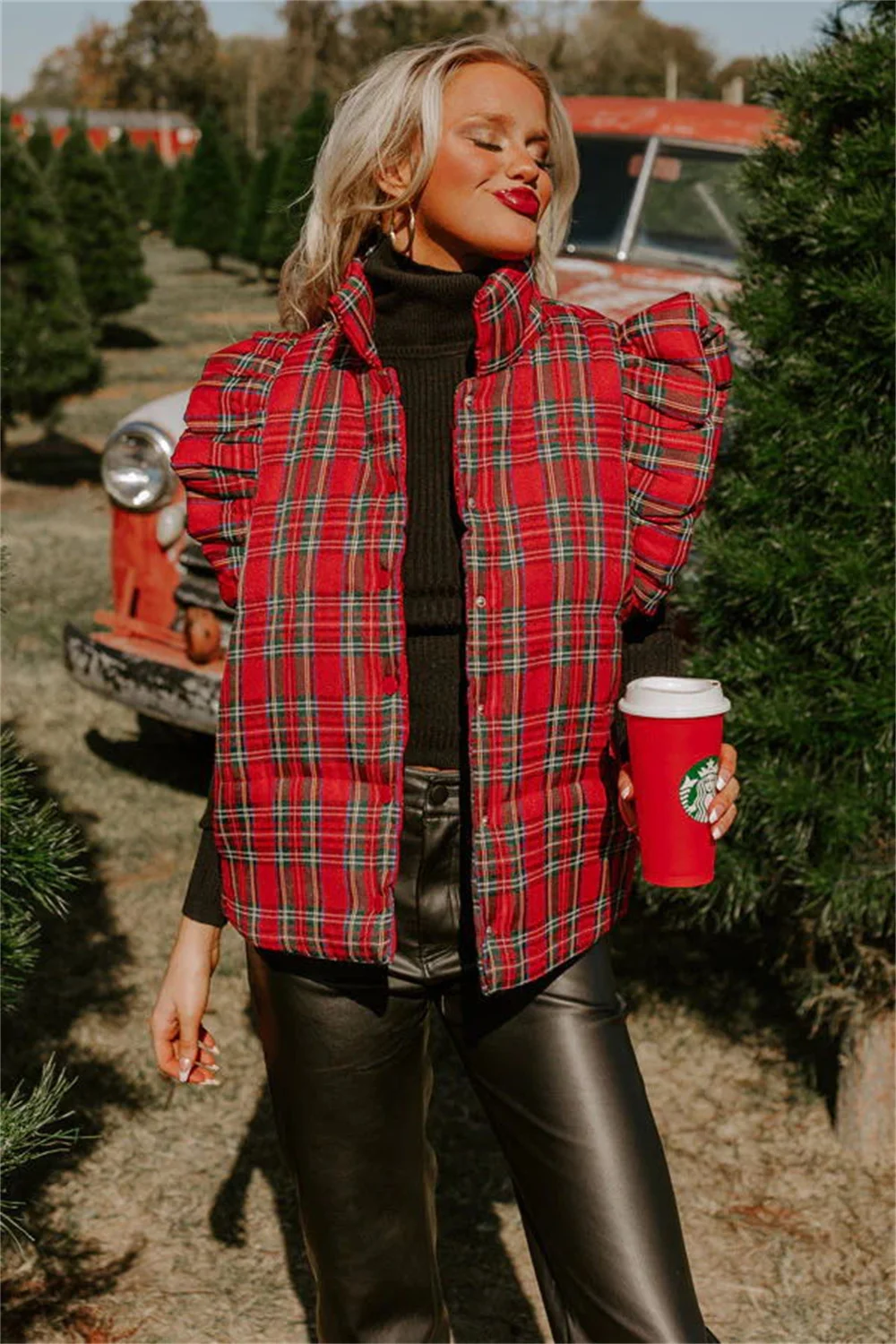 Women Red Plaid Printed Ruffles Pleated Flying Sleeve Vest Autumn Winter Stand Collar Sleeveless Pockets Waistcoat Outwear