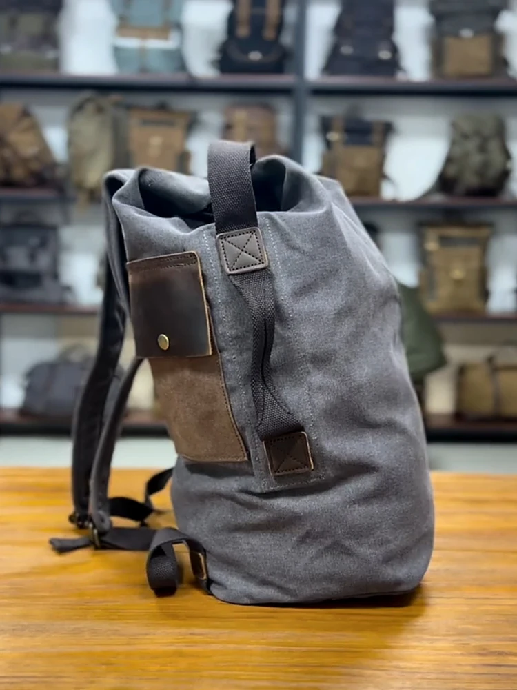 

Vintage Canvas Leather Backpack Large Capacity Simple Design Commuter Travel Bag