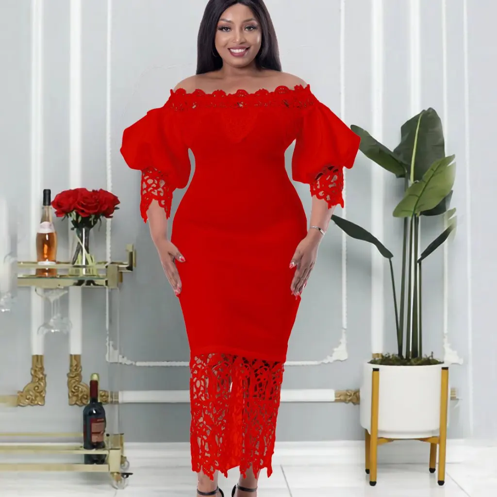 오프숄더 힙 레이스 스티칭 랜턴 슬리브 유럽 미국 스타일 드레스 신상 여성 패션 드레스