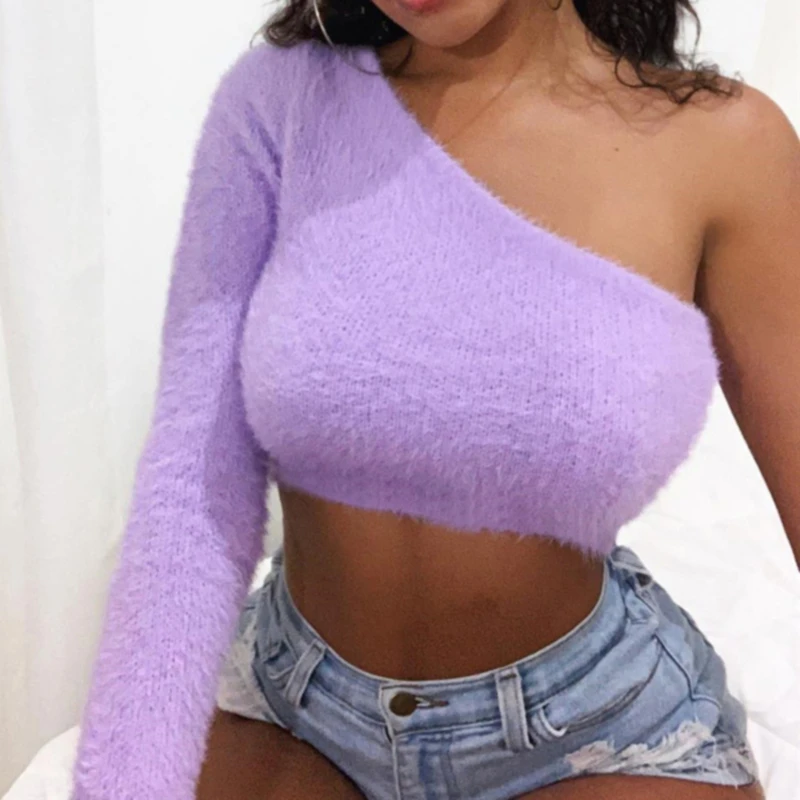 Sexy Women Lavender One Shoulder Long Sleeve Fluffy Crop Top Autumn Winter Slopping Shoulder Faux Fur Short Club T-shirt Top