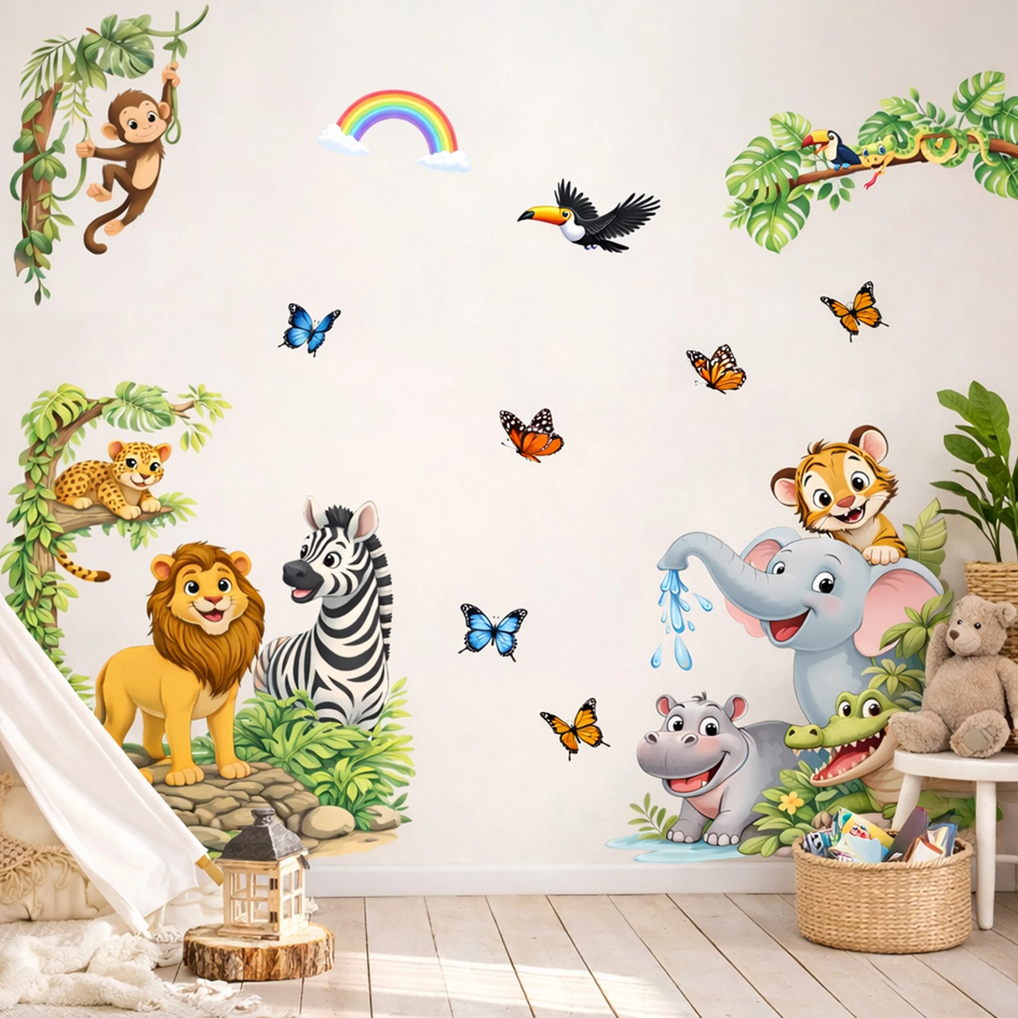 

Cartoon Zoo Monkey Elephant Lion Wall Stickers Living Room Bedroom Doors Background Wall Stickers Kids Room Home Decor Supplies
