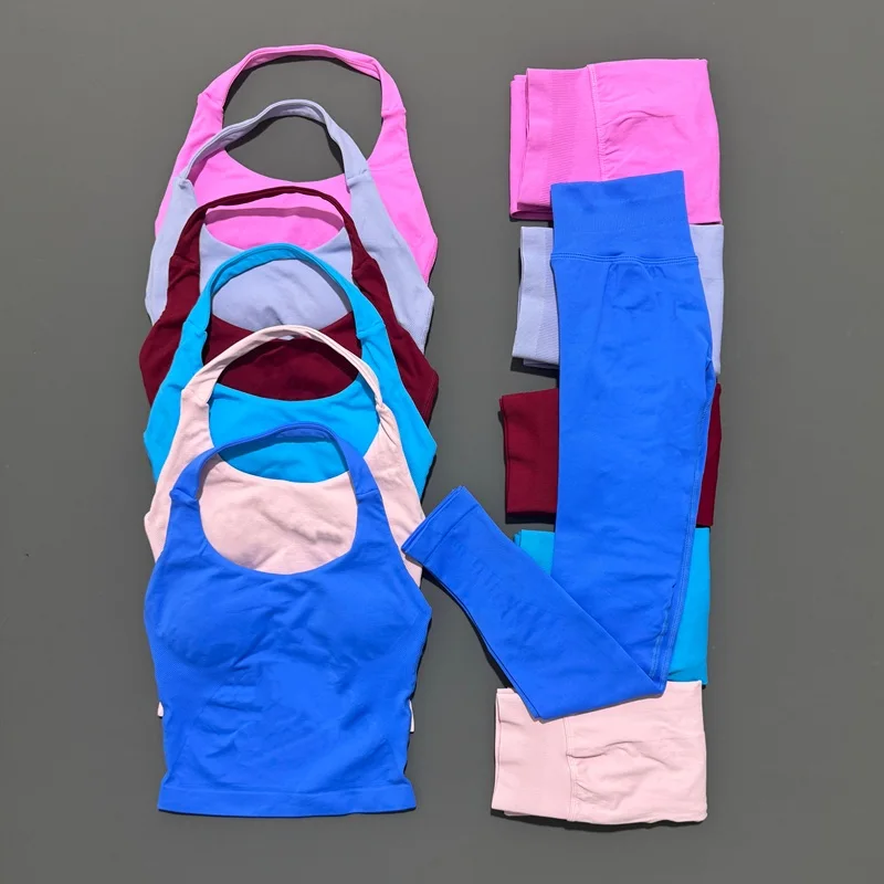 

Спортивный женский комплект HISTELLO, бесшовные леггинсы для йоги, топы на бретелях с открытой спиной, спортивный костюм с высокой талией, одежда для фитнеса, наряд