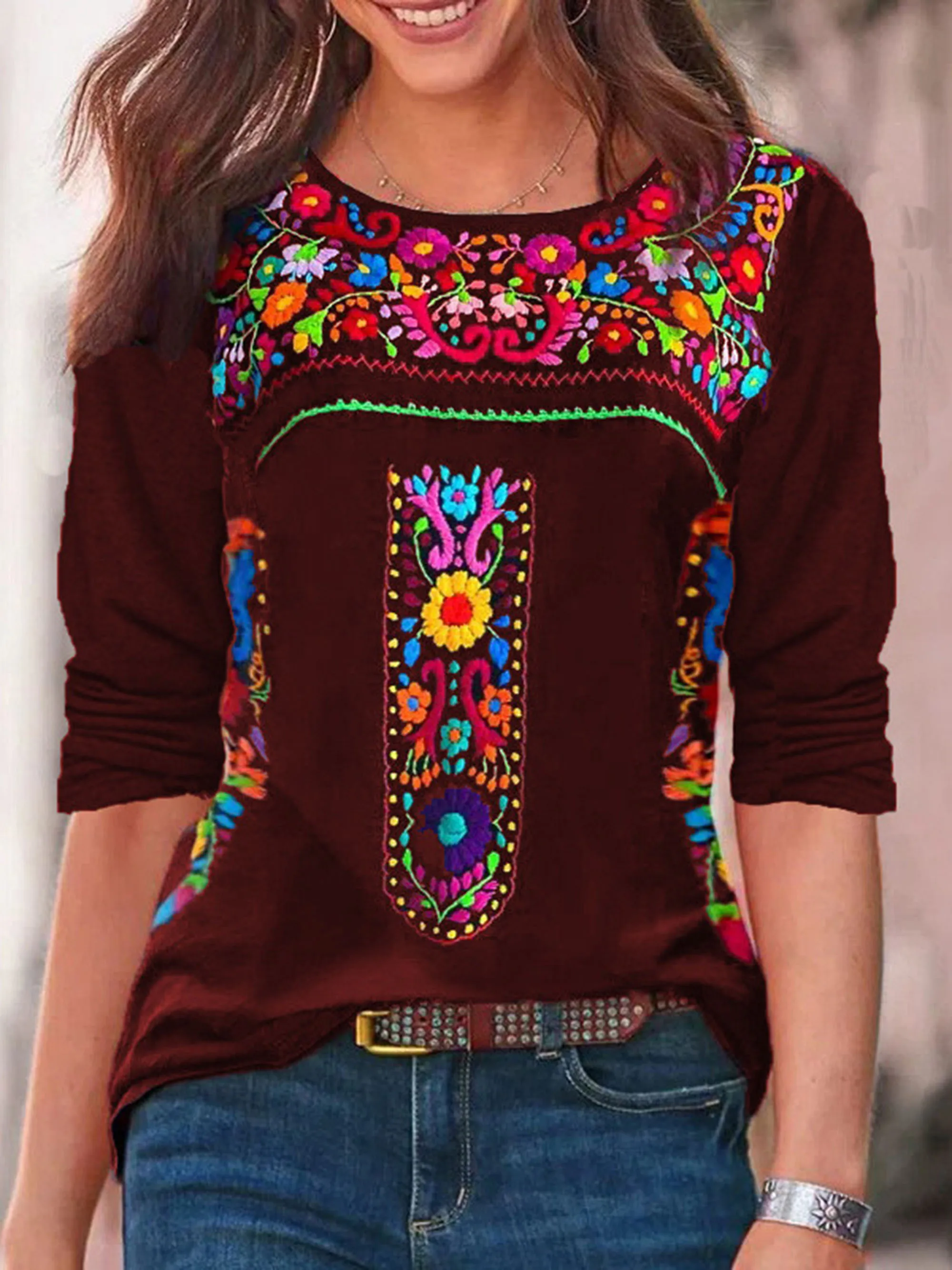 2024 Independent Station Spring/Summer New Women\'s Top with Bohemian Print V-neck Long sleeved T-shirt for Women