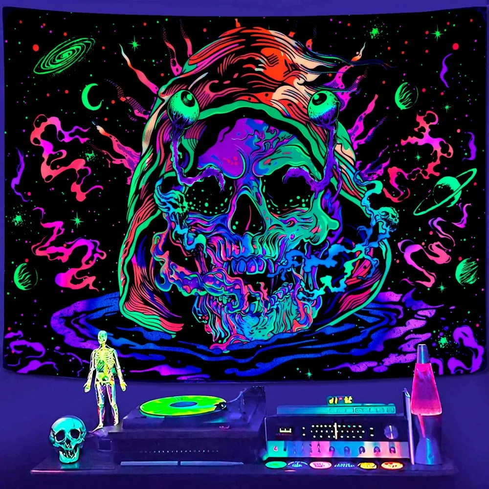 VIKAMA Halloween Neon Totenkopf Wandteppich Psychedelisches Universum Windkraftanlage Rennraum Thema B&B Raumdekoration
