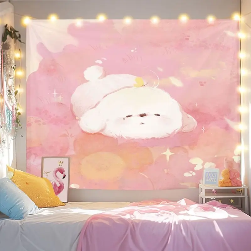 VIKAMA Pink Watercolor Cloud Puppy Tapestry Wall Hanging Home Decor for Bedroom Living Room Dreamy Soft Cute White Puppy Star