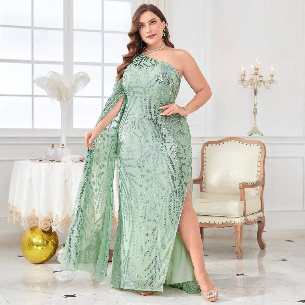 مثير كبير الحجم المرأة طويلة واحدة oulder مائل طوق مساء الدكتور تألق ثوب مسائي Ele عالية الخصر Bodycon تنورة