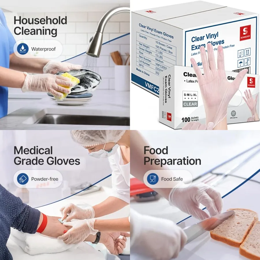 

Schneider Clear Vinyl Exam Gloves, Latex-Free, Disposable Medical Gloves, Cleaning Gloves, Food Safe, Powder-Free, 4 mil