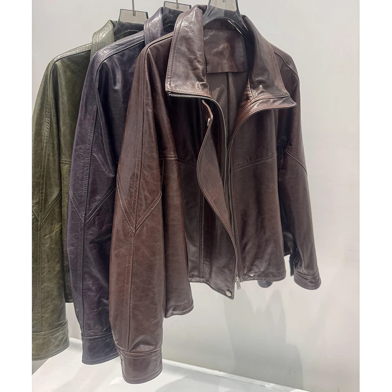 High Quality Sheepskin Women's Real Leather Jacket Vintage Oil Wax Distressing Female Lapel Motorcycle Leather Jacket Loose Coat