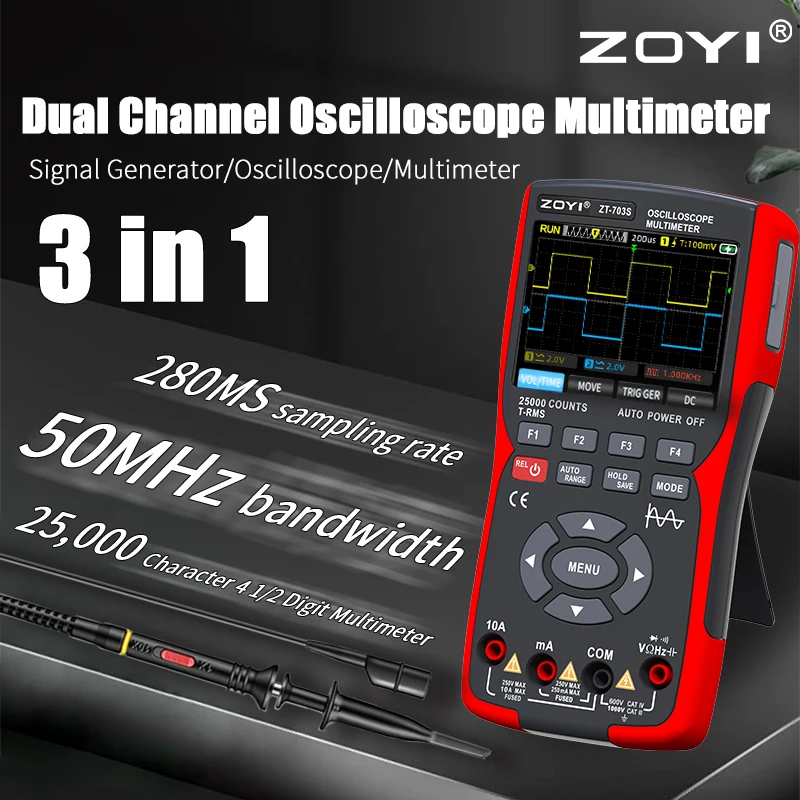  ZOYI 3-in-1 digital multimeter 50MHz bandwidth 280MS rate PC waveform data storage dual oscilloscope signal generator auto repai 