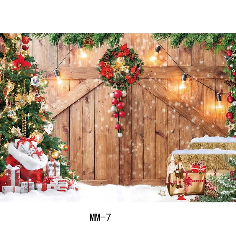 Christmas Tree Flower Wreath Wooden Gift Photography Backdrop Window Snowman Cinema New Year Background Prop HH-110