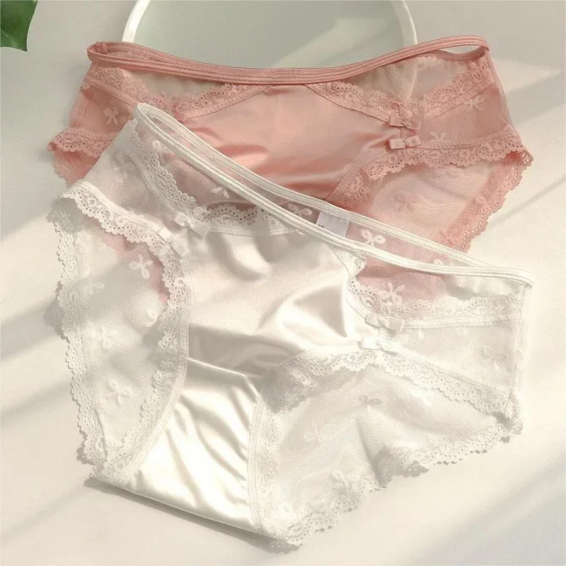 Japanese Women Satin Ultra-thin Style Lolita Sweet Lace Trim Bow Briefs Mesh Panties Translucent Tulle Underwear Soft Smooth