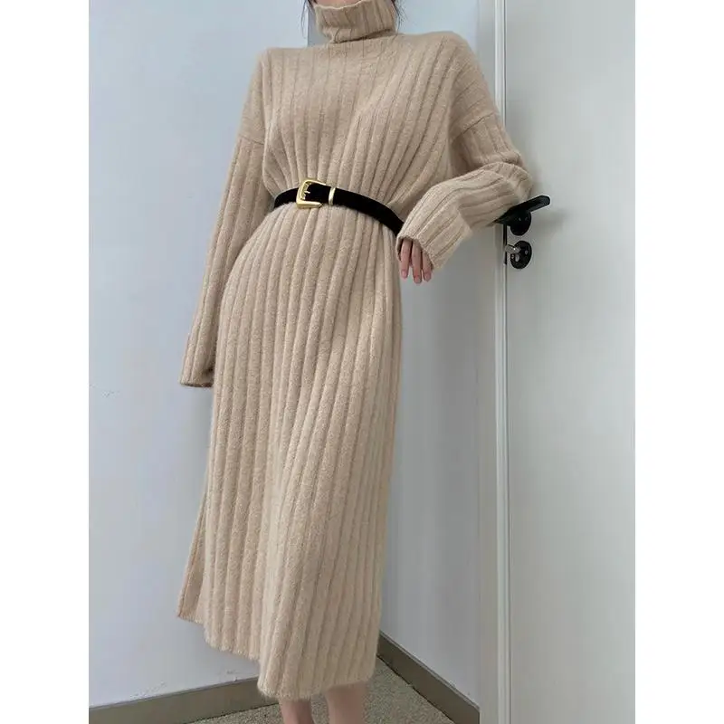 2024 New High Collar Sweater Dress for Women Autumn Winter Mid-length Retro Loose Casual Thick High-end Over-knee Knitted Dress