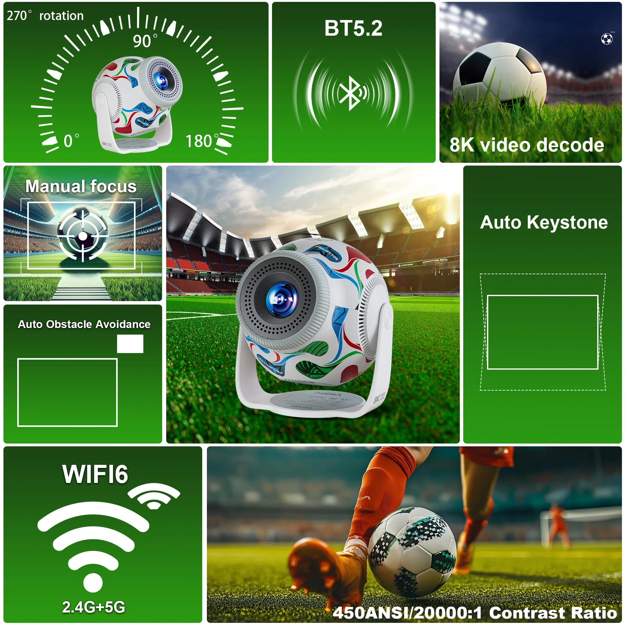 Velec TP360F Projector Android 14 270° Rotation 450 ANSI Native 1080P 4K Auto Keystone WiFi 6 BT5.4 Support YouTube Netflix