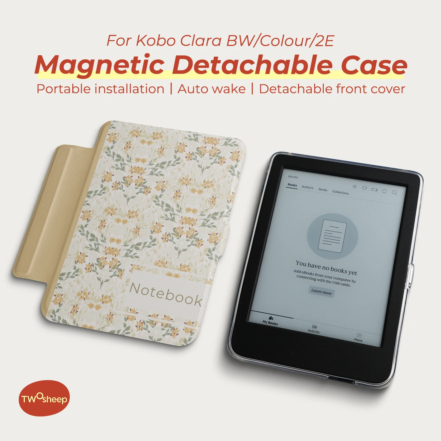 Twosheep Floral Style Detachable Cover for Kobo Clara BW Kobo Clara Colour Kobo Clara 2E 6″ Clear Shell Auto Wake Sleep