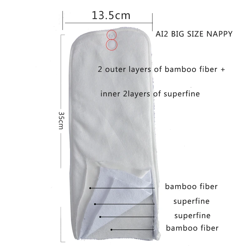 AI2 Pocket Nappy Inserts Bamboo Super Absorbent 4-Layer Reusable Toddler Changing Cover Diaper Insert with Snap 6/10PCS Wholesal