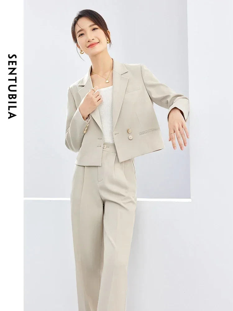 

SENTUBILA Осенний повседневный женский комплект брюк 2025 Укороченный пиджак Прямые брюки Комплект из двух предметов Модный пиджак Костюмы 141Z52955