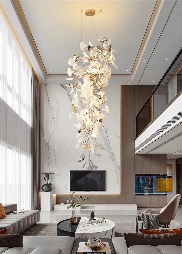 Modern Ginko Leaves Hanging Staircase Chandeliers For Hall Lobby Luxury Large Designer High Ceiling