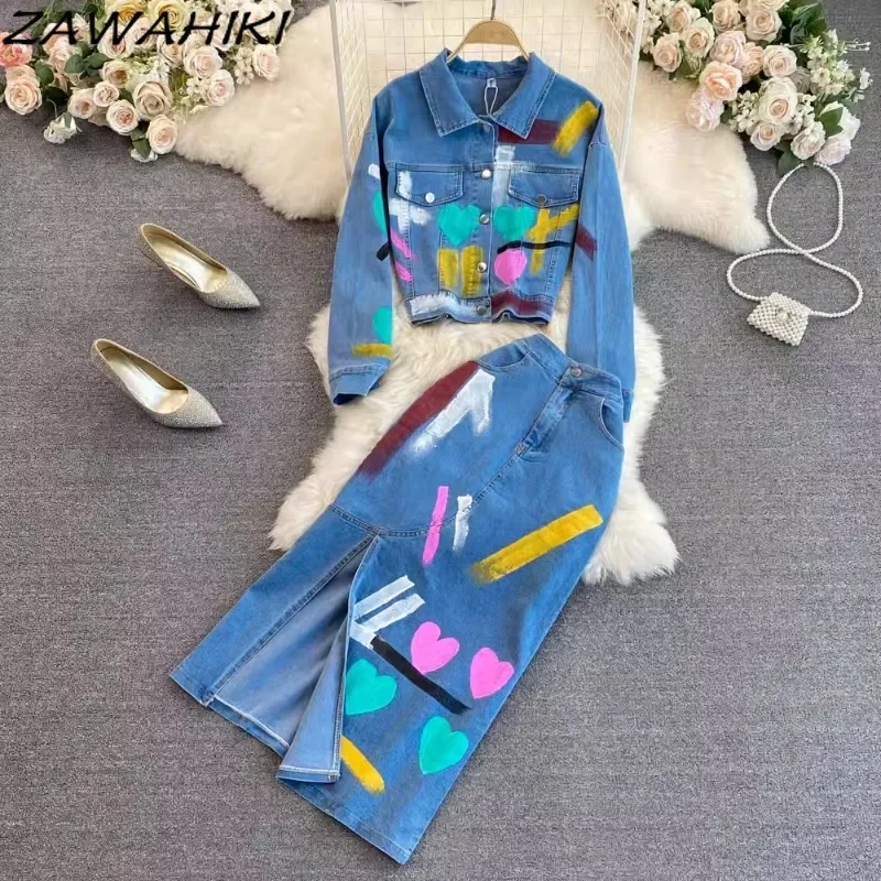 

Vintage Two Piece Set Women Graffiti Button Pocket Design Denim Female Coat + Fashion Split Skirt Elegant Office Lady Ropa Mujer