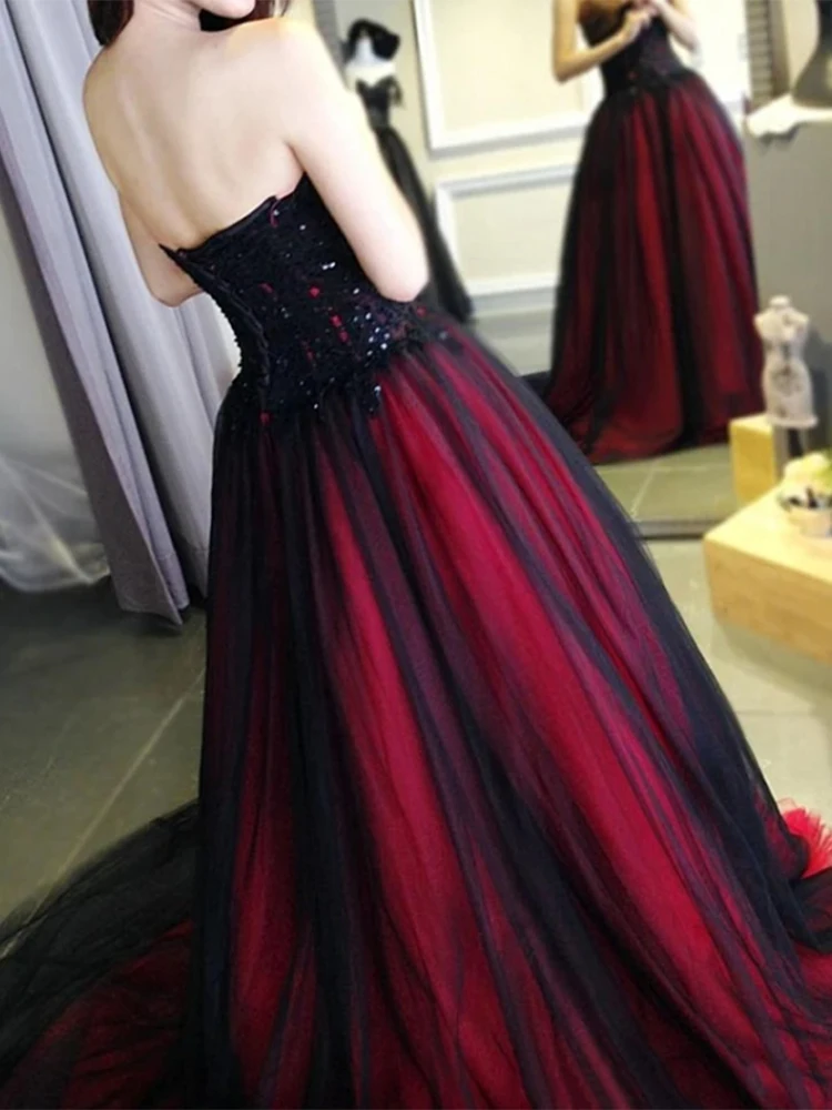 Gothic Wedding Dress With Color Sweetheart Lace Up Back Appliques Long Black Burgundy robe de soiree vestido longo de festa