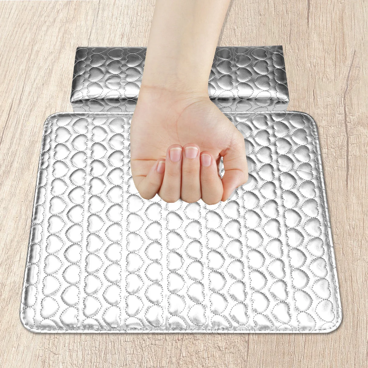 Set di cuscinetti per polso quadrati con motivo a cuore, poggiapolsi per manicure in PU, argento, adatto per principianti