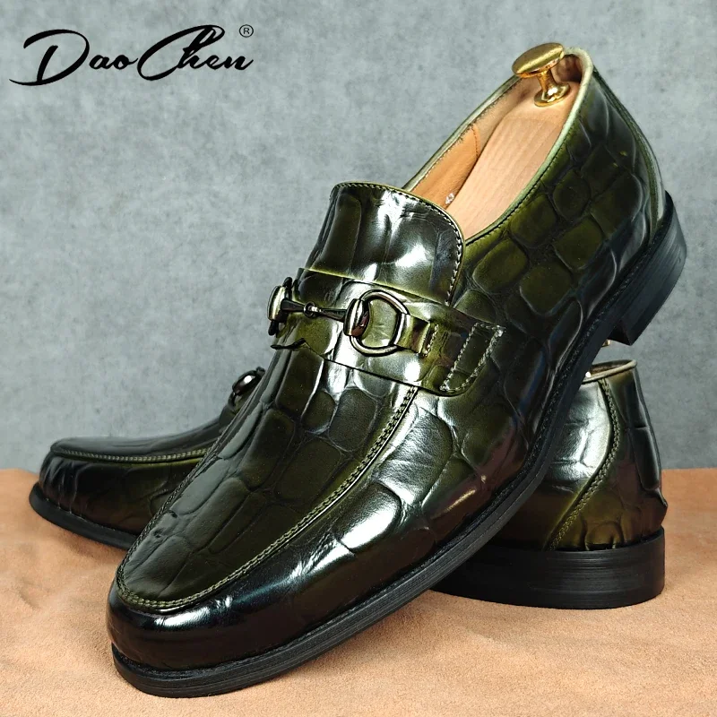 Luxury Brand Men Shoes Black Green Genuine Leather Horsebit Loafers Casual Dress Man Shoe Wedding Office Loafers For Men