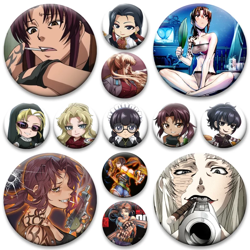 Pins de Anime Black Lagoon, Revy, Balalaika, Insignia de Dibujos Animados, Broches Redondos Hechos a Mano, Exquisitos, para Accesorios de Mochila, Joyería, Regalos