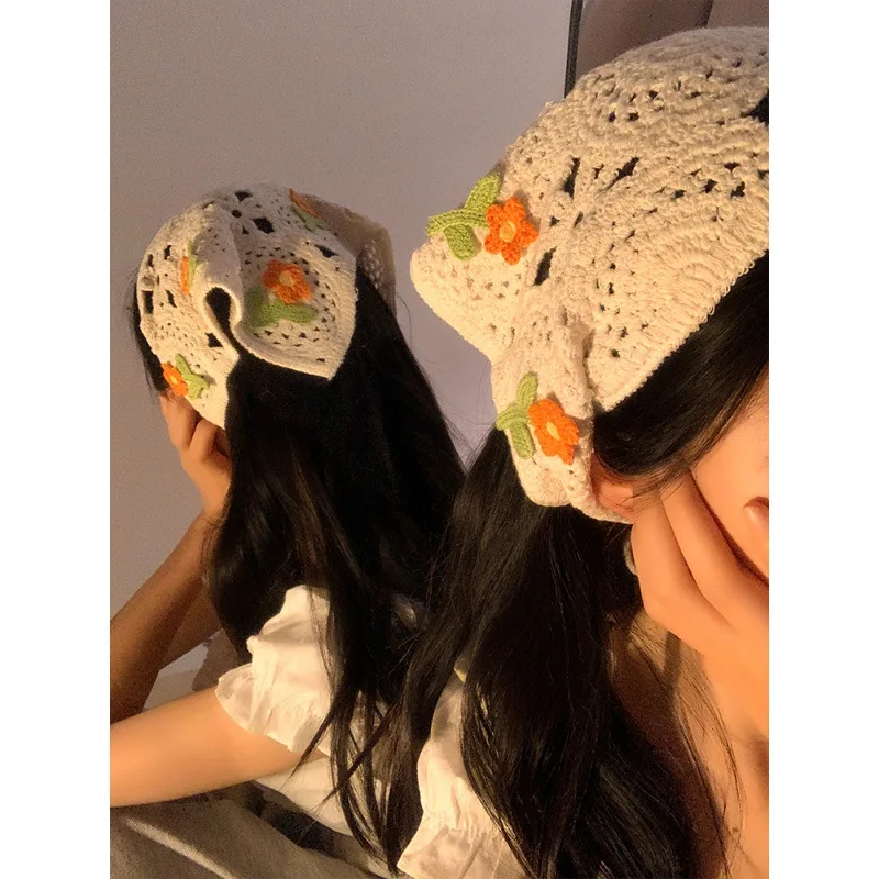 Beige Pastoral Style Knit Kerchief Triangular Binder Women\'s Toe Cap French Seaside Cute Hair Band Headdress2024New