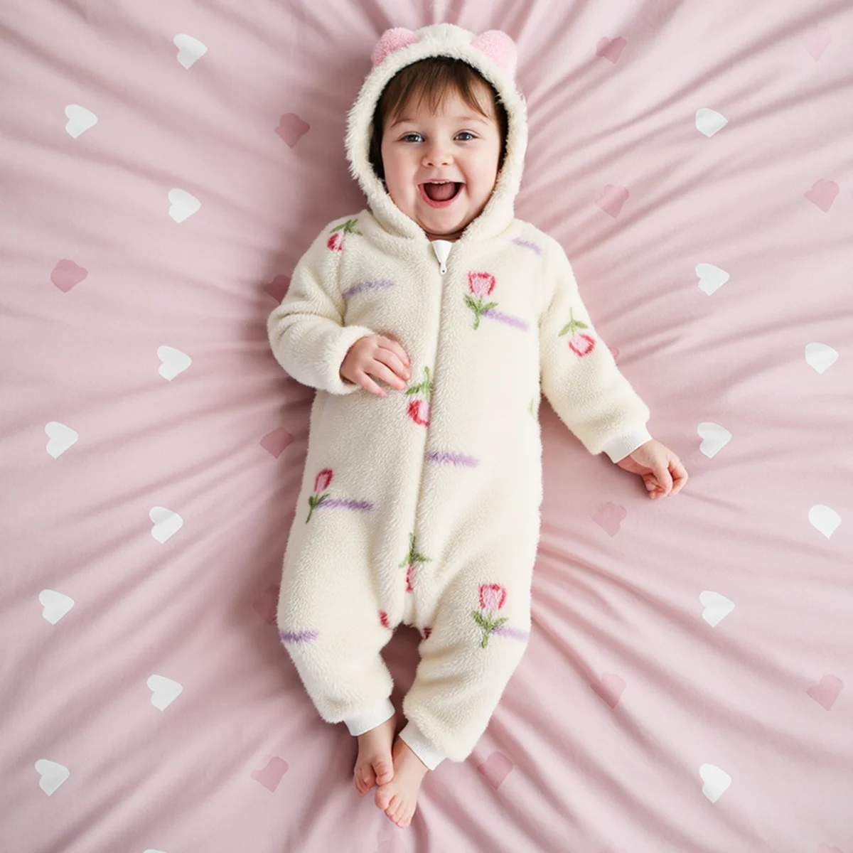 

Warm Hooded Long Sleeve Toddler Jumpsuits Floral Winter Baby Girls Rompers