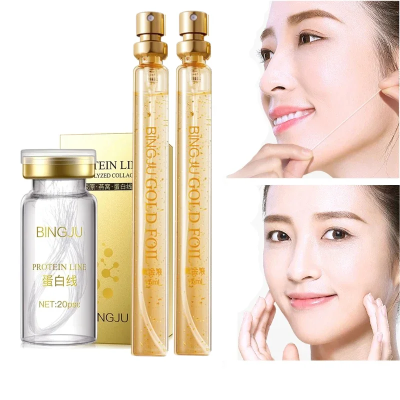 24K Gold Face Filler Colágeno Absorvível Proteína Thread Face Lift Plump Linha De Fibroína De Seda Escultura Anti Aging Essence Face Serum